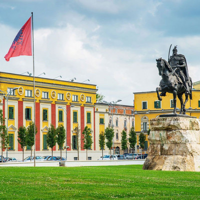 Man on horse monument on the Skanderbeg Square in Tirana