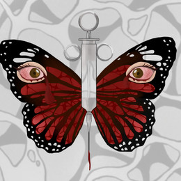 A butterfly with two bloodshot eyes on its wings and a syringe instead of a body.