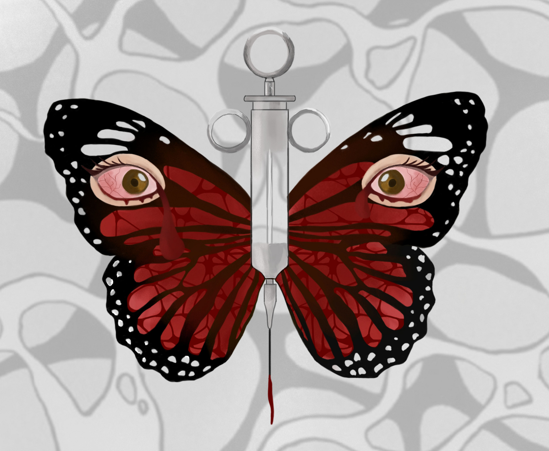 A butterfly with two bloodshot eyes on its wings and a syringe instead of a body.