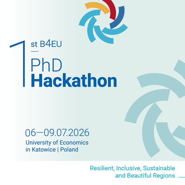 Poster for the “1st B4EU PhD Hackathon,” held July 6–9, 2026 at the University of Economics in Katowice, Poland, with the theme “Resilient, Inclusive, Sustainable and Beautiful Regions,” featuring partner and EU funding logos in a blue, abstract design.