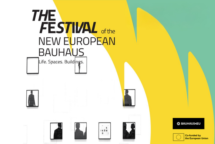 Poster for “The Festival of the New European Bauhaus” with the slogan “Life. Spaces. Buildings.” on a background of abstract yellow and green shapes, featuring minimalist framed silhouettes of people. BAUHAUS4EU logo and EU co-funding information in the bottom right corner.