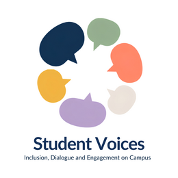 Colourful speech bubbles creating a circle above the words "Student Voices - Inclusion, Dialogue and Engagement on Campus"
